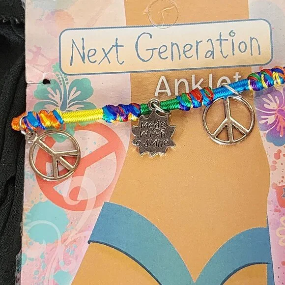 Novelty Inc Next Generation Silver Tone Peace Sun Symbols on Yarn Ankle Bracelet - Picture 12 of 16